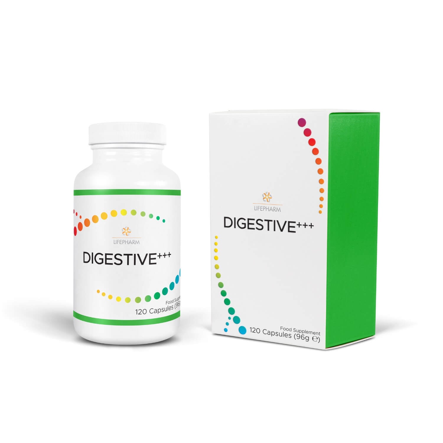 A bottle of DIGESTIVE+++ supplement with 30 capsules, accompanied by its packaging box. The product is marketed for digestive health and gut health.
